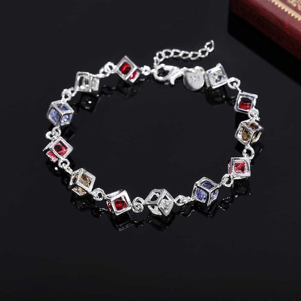 Pulsera de plata esterlina 925 para mujer, cadena de celosía de circón de colores, joyería fina de lujo, regalo hermoso para fiesta de boda