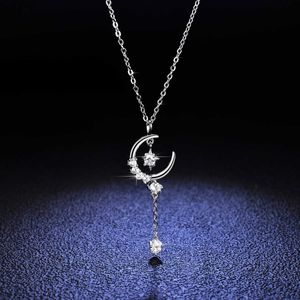 Sterling Sier 925 Hanger 1 Mosan Diamond Necklace Dames Fashion Star Moon Tassel Sier Pendant Kraagketen