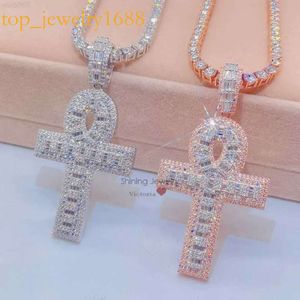 Sterling Sier Iced Out Out Hip Hop rapper sieraden Men Diamond Moissanite Ankh Cross Pendant