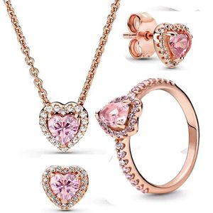 Ensemble de bijoux de mariage en argent Sterling, bague en forme de cœur rose, collier, boucles d'oreilles, Design Original, DIY, à la mode