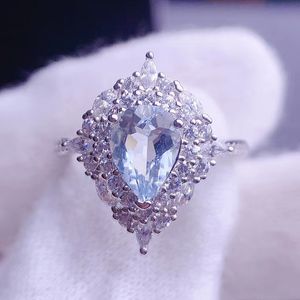 Sterling zilver 100% natuurlijke aquamarijnring voor verloving 6mm * 8mm peer gesneden edelsteen sieraden vrouw geschenk