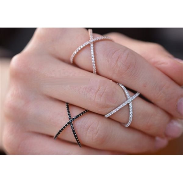 Anillos cruzados Criss X de plata de ley 925, anillos finos de circonita cúbica, anillo Micro pavé de boda para mujer