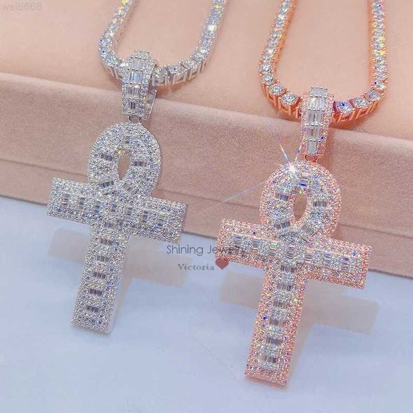 Sterling Silver 925 Iced Out Hip Hop Rappeur Bijoux Hommes Diamant Moissanite Ankh Croix Pendentif