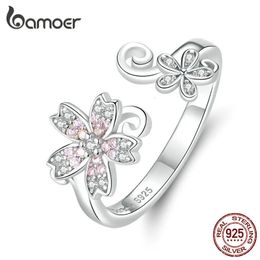 Sterling Zilver 925 Roze Sakura Cherry Bloem Open Verstelbare Vinger Ringen voor Vrouwen Romantische Bruiloft Sieraden BSR086 240306