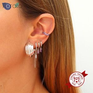 Boucles d'oreilles Huggies suspendues en argent Sterling et cristal CZ pour femmes, chaîne avec pompon, bijoux de mariage hypoallergéniques