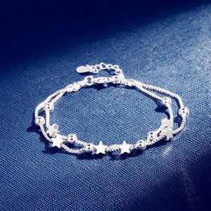 Argent Sterling Double Couches Étoiles Perles Bracelets Pour Femmes Boîte Élégante Chaîne Bracelet À Breloques Cadeau De Fête D'anniversaire