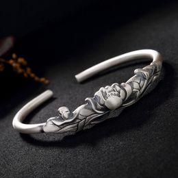 Sterling zilveren lotus etnische stijl eenvoudige literaire retro opening dames armbanden sieraden goede cadeau armband