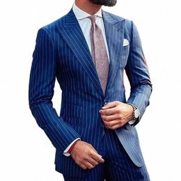 Stevditg Costumes pour hommes à rayures bleues 2 pièces veste pantalon coupe ajustée simple boutonnage revers de pointe formel Busin bureau ensemble complet Blazer 55O8 #