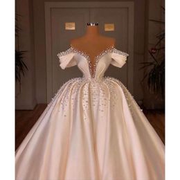 Stevditg Bride White Fashion Off the épaule Perles Satin Robes de bal exquise Court Train Robe de mariée Custom