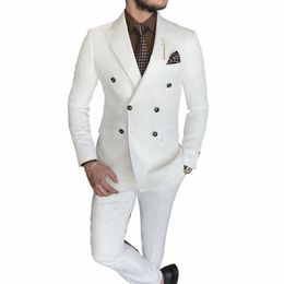 Stevditg elegantes trajes de hombre blanco doble botonadura pico solapa formal Ocn boda novio conjunto completo sastre 2 piezas chaqueta pantalones U6Sp #