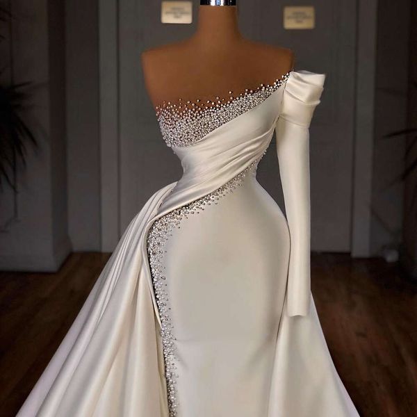 Stevditg Elegante Mujeres Moda de boda One-Hohor Pearls Mermaid Gowns Court Train White Satin Bride Vestido 2023