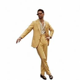Stevditg Fi jaune costumes pour hommes revers cranté simple boutonnage élégant Blazer fête formelle 2 pièces veste pantalon coupe ajustée 95F8 #