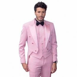 Stevditg luxe rose smoking hommes costumes pic revers double boutonnage formel mariage 3 pièces veste pantalon gilet élégant mâle vêtements c9Fs #