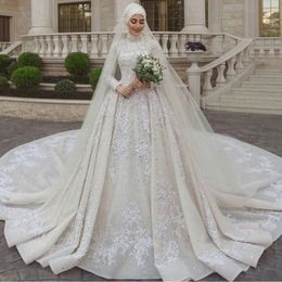 Stevditg Pearls Crystal Wedding Fashion High Neck Manches longues Appliques Perge Chapelle Train Robe Bride Robe