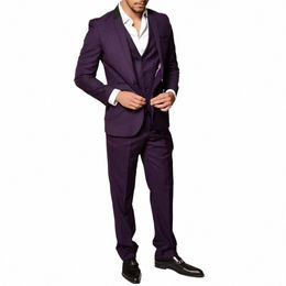 Stevditg Smart Casual Pruple 3 pièces Veste Pantalon Gilet Slim Fit Costumes pour hommes simple boutonnage revers formel Busin Costume o4UO #