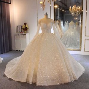 Stevditg bruiloft witte elegante v-neck lange mouwen lovertjes veter omhoog baljurken prachtige kapel trein bruid jurk