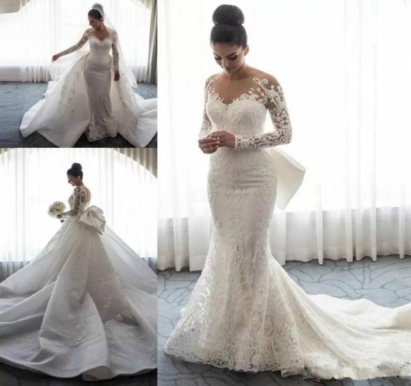 Steven Khalil 2018 robes de mariée sirène avec train détachable avec grand nœud en dentelle florale à manches longues église train robes de mariée de jardin5142570