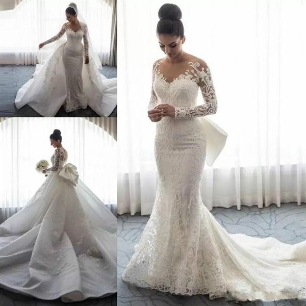 Steven Khalil 2018 robes de mariée sirène train détachable avec grand arc dentelle florale à manches longues église train jardin robes de mariée2227