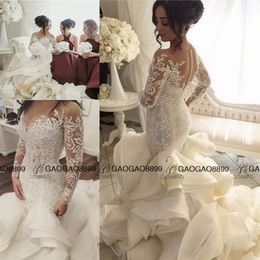 Steven Khalil 2019 Luxe Volants Cathédrale Train Sirène Robes De Mariée Avec Manches Longues Moyen-Orient Plus La Taille Dentelle Organza Wed318i