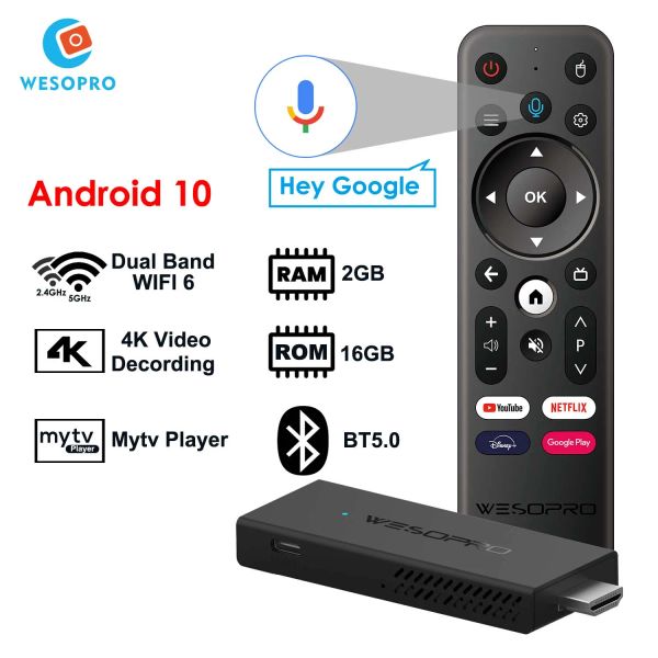 Stick Wesopro TV Stick G2 Android 10 Dongle Smart TV 2 Go RAM 16 Go Rom 2,4 GHz 5.0 GHz Wifi 6 BT5.0 H.265 4K 30PFS VS XIAOMI MI TV Stick