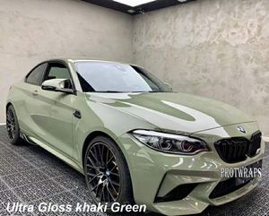 Premium Ultra Gloss Khaki Green Vinyl Wraps Sticker Hele glanzende auto -wrap bedekkingsfilm met luchtafgifte Initial Low Tack Lijm Self Adhesive Foly 1.52x20m 5x65ft