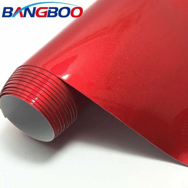 Pegatinas 1,52 * 18 m Burbuja de aire Material de PVC sin burbujas Envoltura de vinilo para carrocería de coche color caramelo brillante rojo