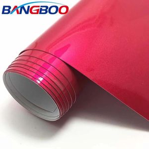 Stickers 1.52*18 m Groothandel Super Gloss Candy Rose Red Vinyl Auto Vinyl Sticker Glanzende Zelfklevende Bekleding Film auto Body Sticker