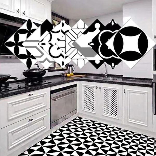 Pegatinas 10 piezas de pegatinas autoadhesivas para azulejos en blanco y negro, papel tapiz de cocina antideslizante impermeable 3D, pegatinas para suelo DIY, decoración del hogar