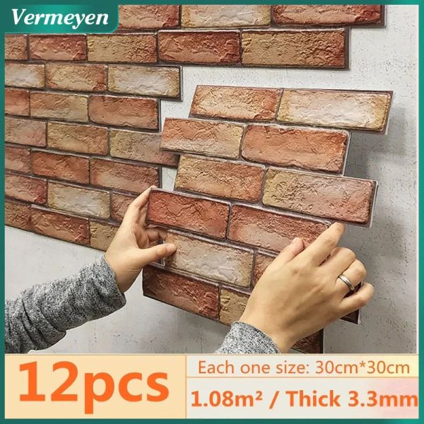 Autocollants 12pcs 3D Brick Wall Autocollant auto-adadhésive PVC Fond d'écran pour chambre à coucher étanche à l'huile d'huile autocollants de cuisine bricolage décoration murale de la maison