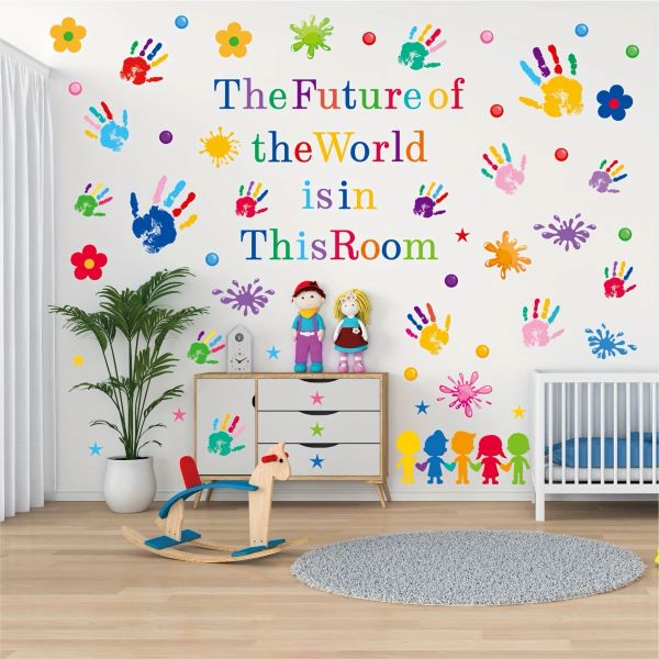 Autocollants 1set / 7pcs Colorful Hand Print Wall Stickers, Splash Rainbow Classroom Room Game Salle Selfadhesive Kindergarten Decoration