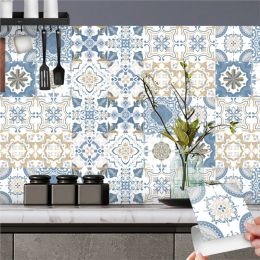 Autocollants muraux en brique de fleurs de style européen, 24 pièces, papier peint étanche à l'huile pour cuisine et salle de bains
