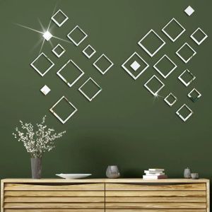 Autocollants 24 pièces carré combinaison miroir stickers muraux salon décor à la maison canapé TV fond acrylique 3D auto-adhésif stickers muraux