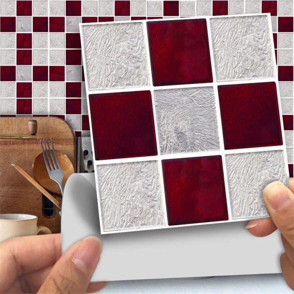 Pegatinas 25 unids/set rojo gris mosaico baño azulejo pegatina decoración de la cocina calcomanía autoadhesiva impermeable arte papel tapiz decoración de la pared Mural