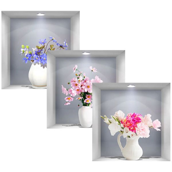 Autocollants 3 pièces autocollants de fleurs adhésif mur frais 3D fleurs Vase Applique empotage décoration décalcomanie décorative