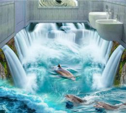 Autocollants Livraison gratuite 3D autocollant mural personnalisé dophins dans un énorme plancher de waterall peinture Photo papier peint pour murs décor à la maison murale post