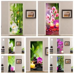 Autocollants 3D autocollant de porte vert bambou Phalaenopsis papier peint pour salle de bain salle de bain décoration décalque Peel Stick vinyle mural affiche murale