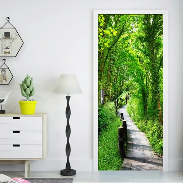 Autocollants 3D vert forêt chemin Mural Art peinture murale salon chambre Restaurant porte autocollant PVC auto-adhésif imperméable papier peint