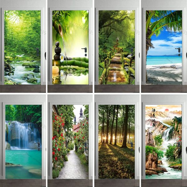 Pegatinas 3D Árbol verde Bamboo Palabra para la puerta de vela Baño Baño de la jungla Jungle Palm Puente Fondo de pantalla Decorativo Moderno Diseño
