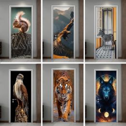 Stickers 3D Realistic Animal Photo Door Stickers Selfadhesive Waterproof PVC Ferocious Tiger Wolf Beast Door Wallpaper Home Decorative