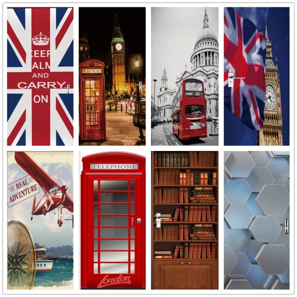 Pegatinas Papel tapiz 3D Etiqueta de la puerta Reino Unido Big Ben Bandera Nacional Pegatinas de pared Vinilo autoadhesivo Plataforma de Londres Póster Puertas interiores Decoración