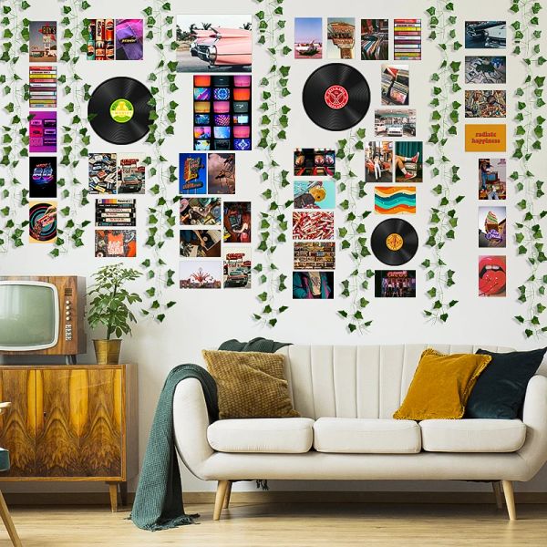 Autocollants 48 pièces affiche de disques vintage rétro esthétique collage mural kits d'art CD imprimé fausse vigne murale décor de salon dortoir pour adolescents