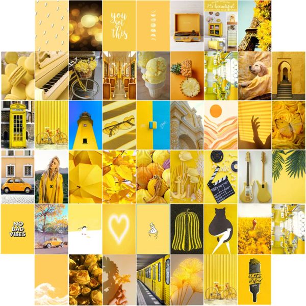 Autocollants 50 pièces série littéraire petite série jaune frais pour ensemble de collage mural se sentir joyeux et lumineux carte postale autocollants de décoration de papier peint