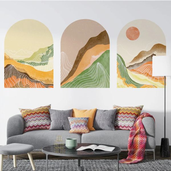 Autocollants muraux abstraits en forme d'arc contemporain, ligne de soleil et de montagne, amovibles en vinyle, décoration murale pour salon et maison