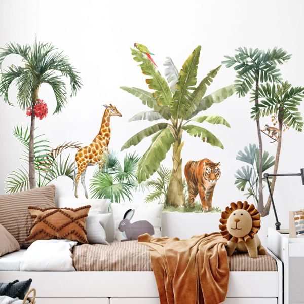 Autocollants animaux africains tigre girafe arbre tropical autocollant mural pépinière amovible vinyle stickers muraux chambre d'enfants décoration intérieure de la maison