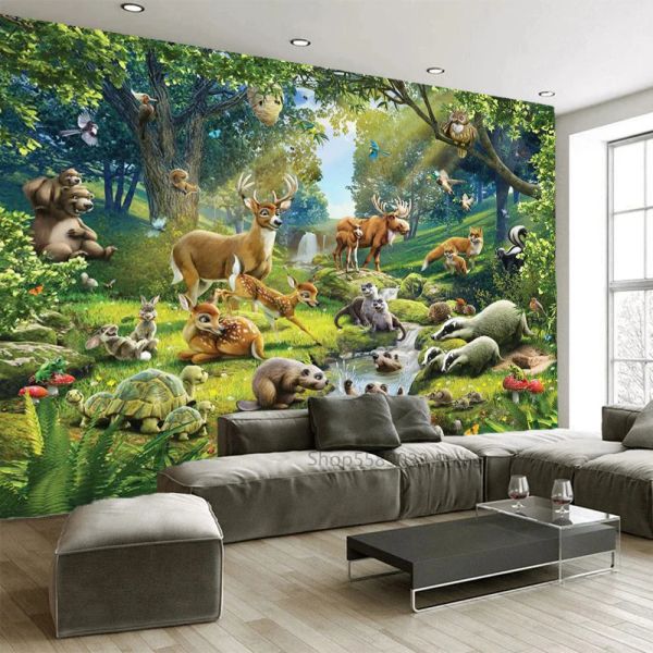 Autocollants Animaux Party Fonds d'écran pour enfants Mur de chambre à coucher personnalisés toute taille de paysage de printemps Mur mural mural Migne Deer Bear Beaver Decor