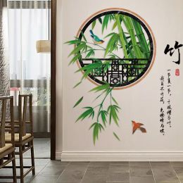 Autocollants muraux 3D en bambou, jardin, chant d'oiseau, pour salon, fond de télévision, affiches et imprimés décoratifs, papier peint de décoration de maison