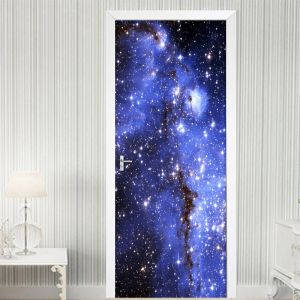 Pegatinas hermosa galaxia cielo estrellado etiqueta de la puerta y pared autoadhesiva impermeable papel tapiz calcomanías decoración del hogar puerta pegatina de pared cartel