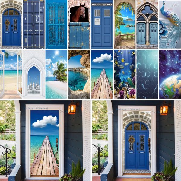 Autocollants bleu porte murale autocollants auto-adhésif 3d Relief plage mer papier peint taille personnalisée maison porte conception décor 3d Nature paysage décalcomanie