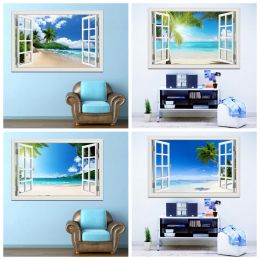 Autocollants bleu ciel plage cocotier paysage tropique 3D autocollant mural coucher de soleil paysage marin amovible papier peint créatif fenêtre vue décor à la maison