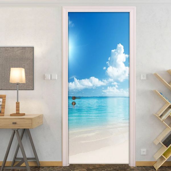 Pegatinas cielo azul nubes blancas arenosas vistas al mar de la playa calcomanía de la pared del dormitorio del dormitorio de la pared de la pared del hogar decoración del hogar